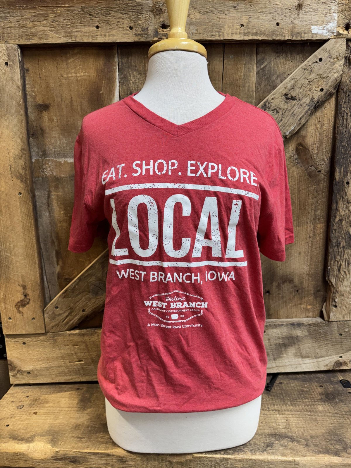 MSWB • S - Heather Red - "LOCAL, Eat. Shop. Explore" V Neck T-Shirt