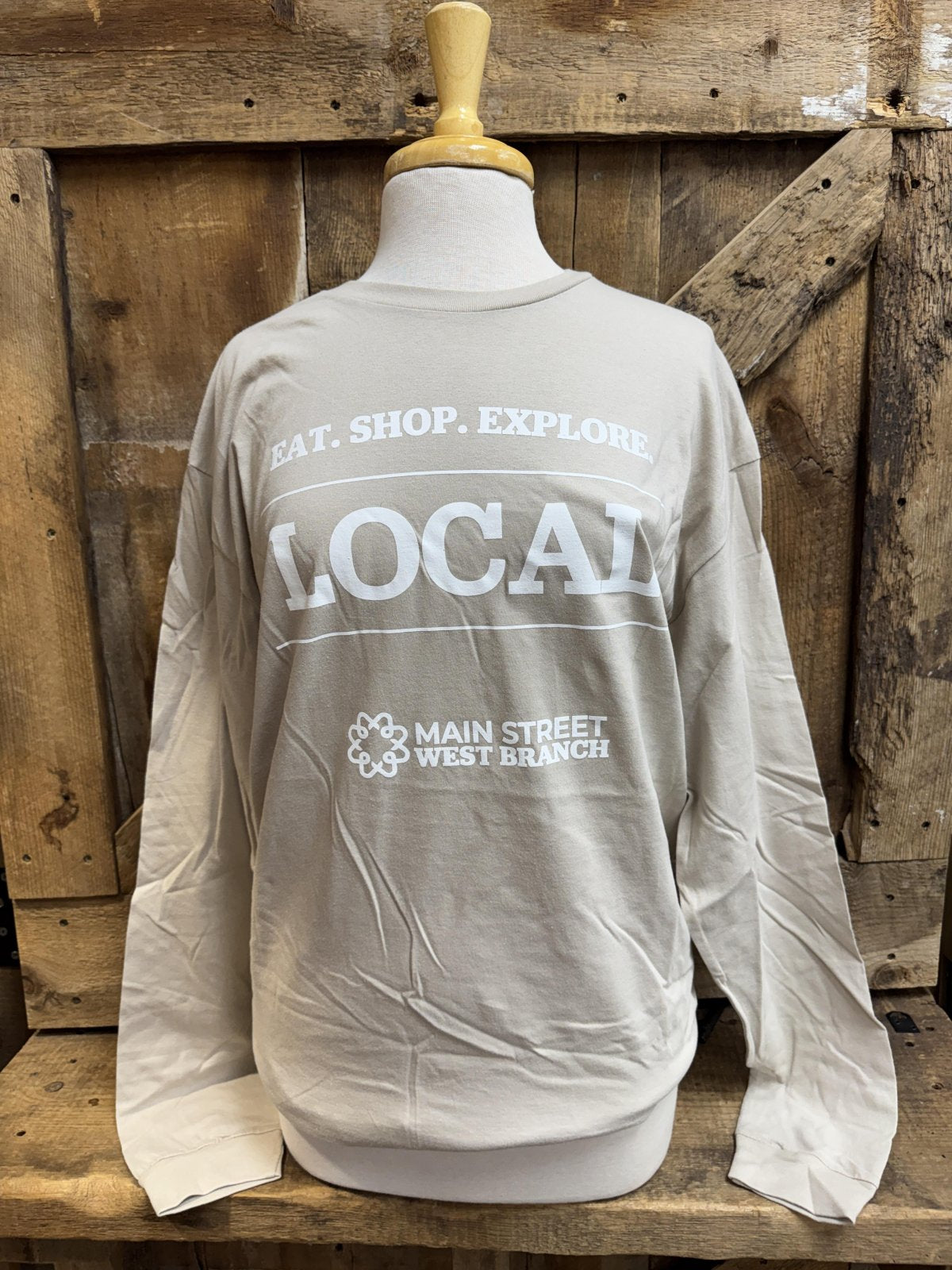 MSWB • XL- Light Tan - "LOCAL, Eat. Shop. Explore" Long Sleeve Shirt