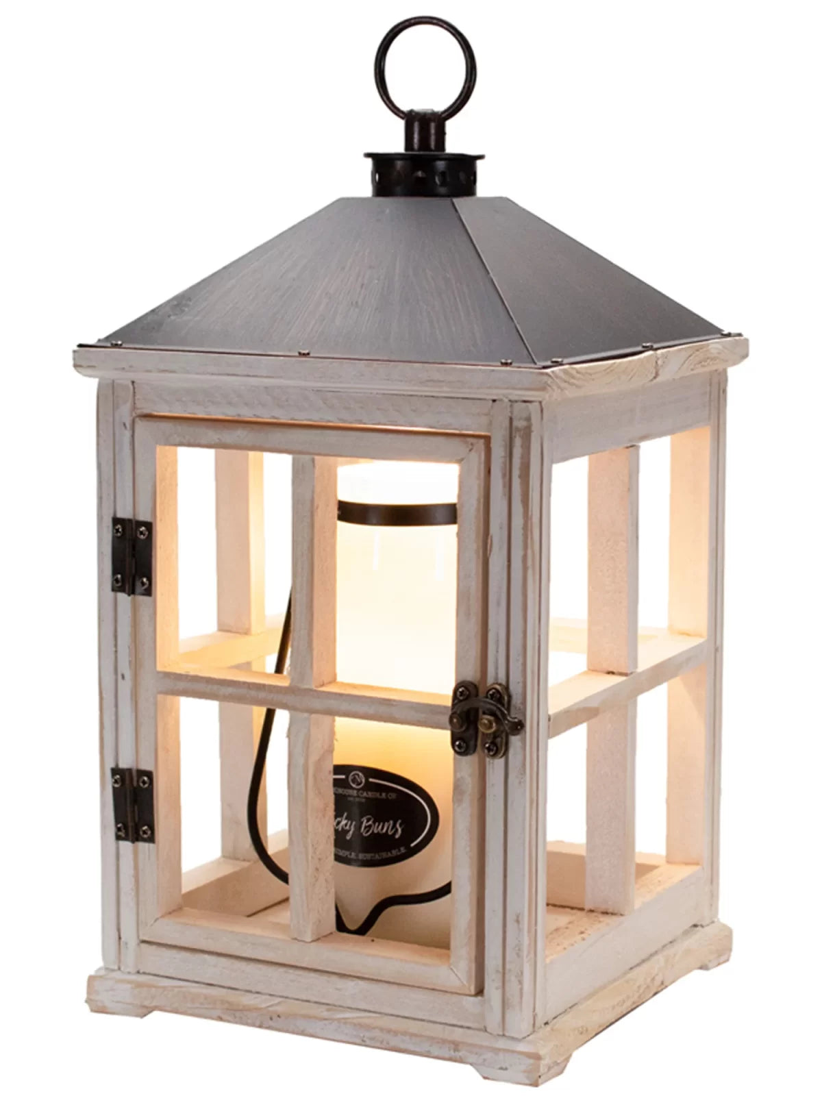 Weathered White Wooden Candle Warmer Lantern